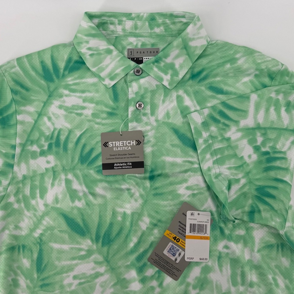 PGA Tour Polo Mens Small Green Gumdrop Palm Leaf Pro Series Athletic Fit Stretch